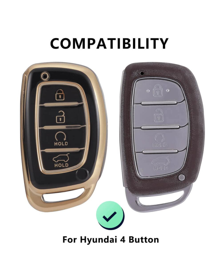 Keycare TPU Key Cover Compatible for Alcazar and Creta 2021 4 Button Smart Key | TP67 Gold Black